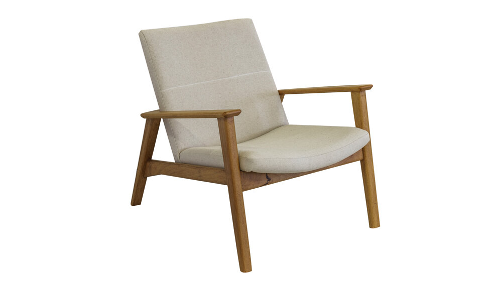 Butaca de líneas nórdicas con posabrazos en madera, asiento y respaldo tapizados en lino tono natural <strong>US$ 551</strong>