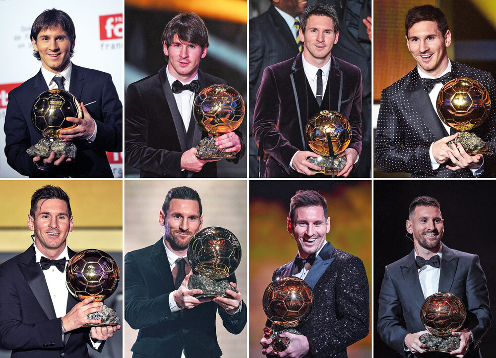 Esta combinación de fotografías de archivo muestra las diferentes reacciones de Messi al recibir el Balón de Oro a lo largo del tiempo, desde 2009, con algunas excepciones, hasta 2023.  Fred Dufour/AFP 
