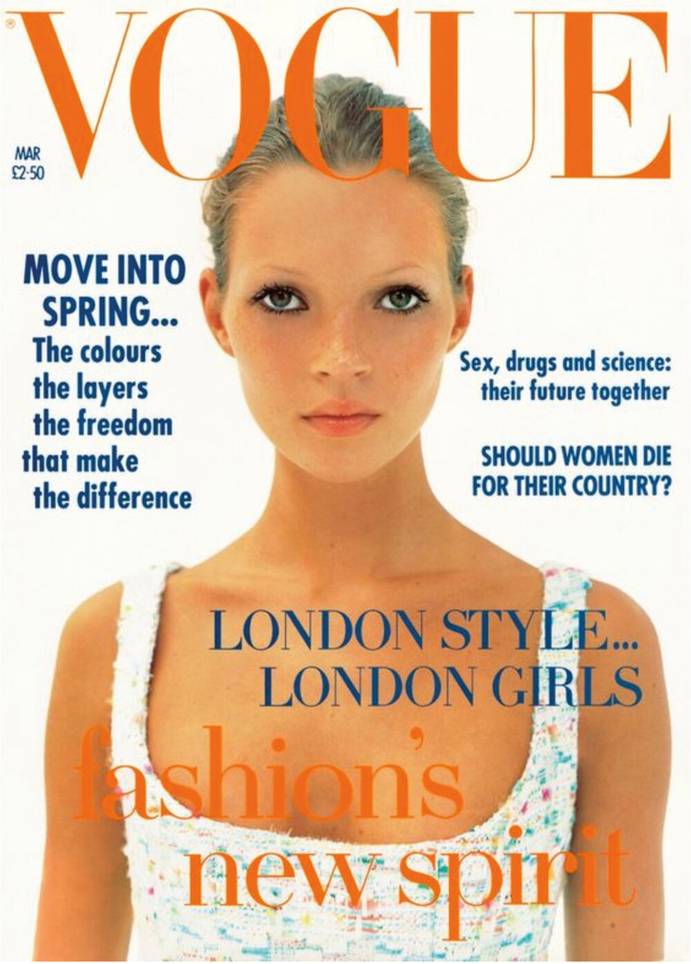 La primera tapa de la revista Vogue británica que protagonizó Moss fue en marzo de 1993, a sus 19 años. AFP